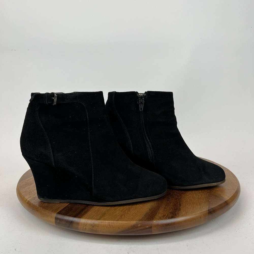 Womens Lanvin Paris Black Suede Buckle Zip Wedge Ankle Boots Booties Size 37.5